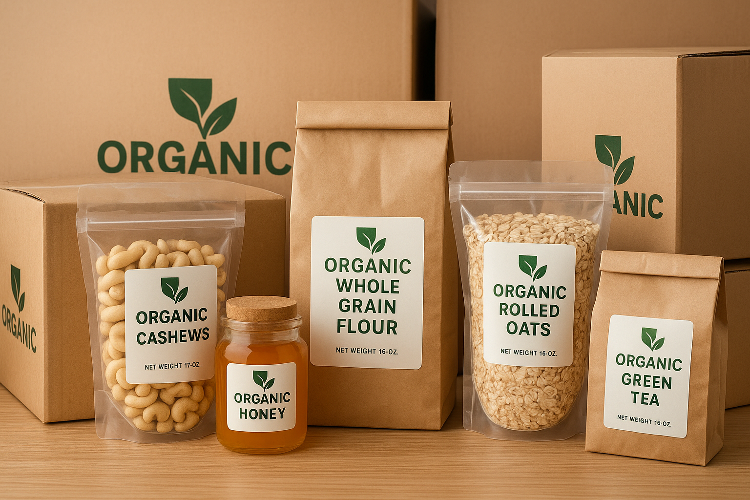 Packaged organic products ready for shipping